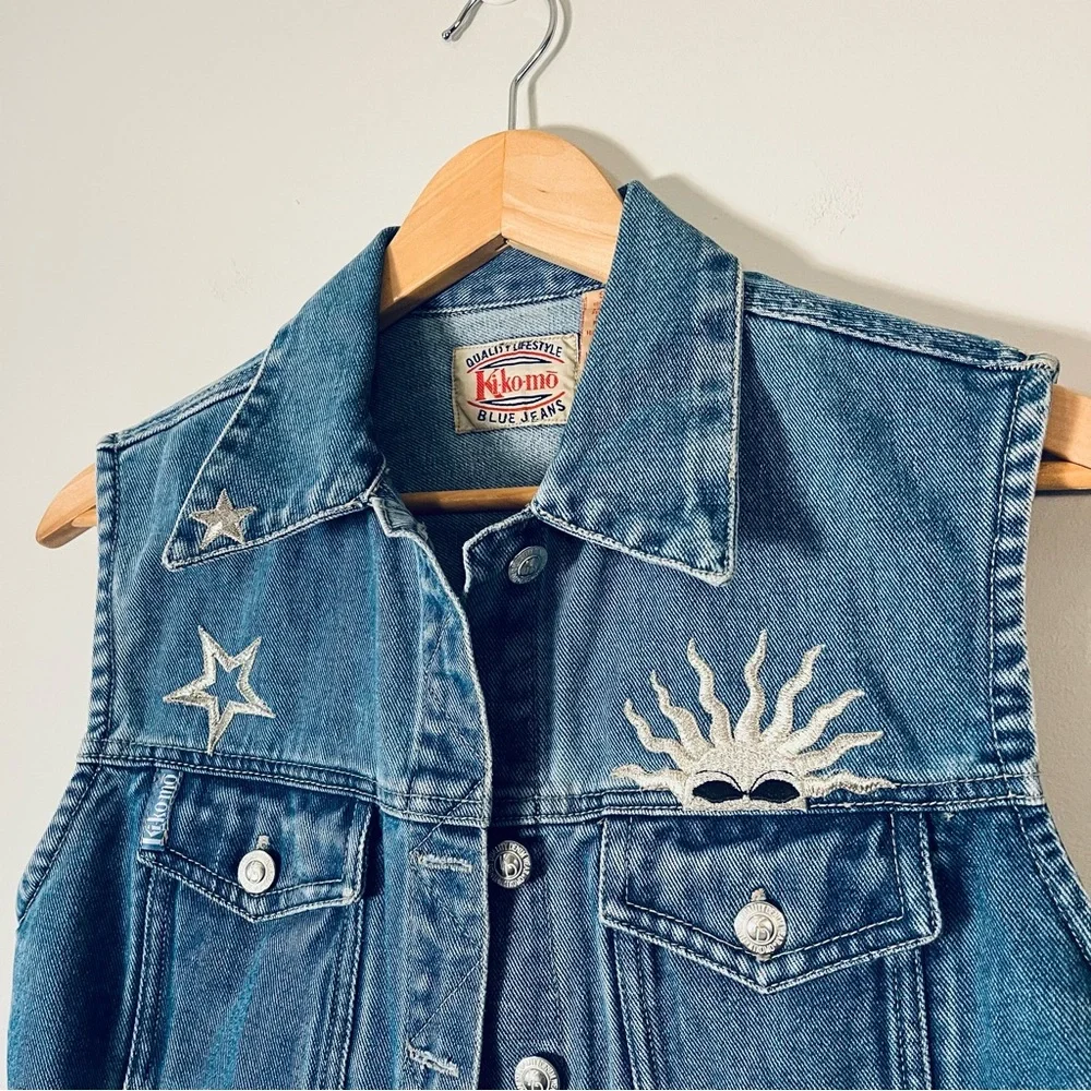 Vintage Cropped Denim Vest KiKoMo Star Sun Embroidery Small - Picture 2 of 7